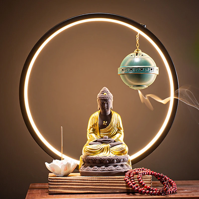 Creative Home Decor: Reverse-Flow Incense Burner With A Purple Clay Buddha Statue For The Living Room Or Office Desk, A Housewar