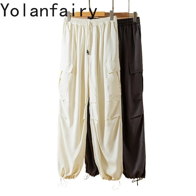 

YOLANFAIRY 100% Mulberry Silk Cargo Pants Woman 2025 Elastic Drawstring Versatile Long Casual Pants Street Wear White Trousers