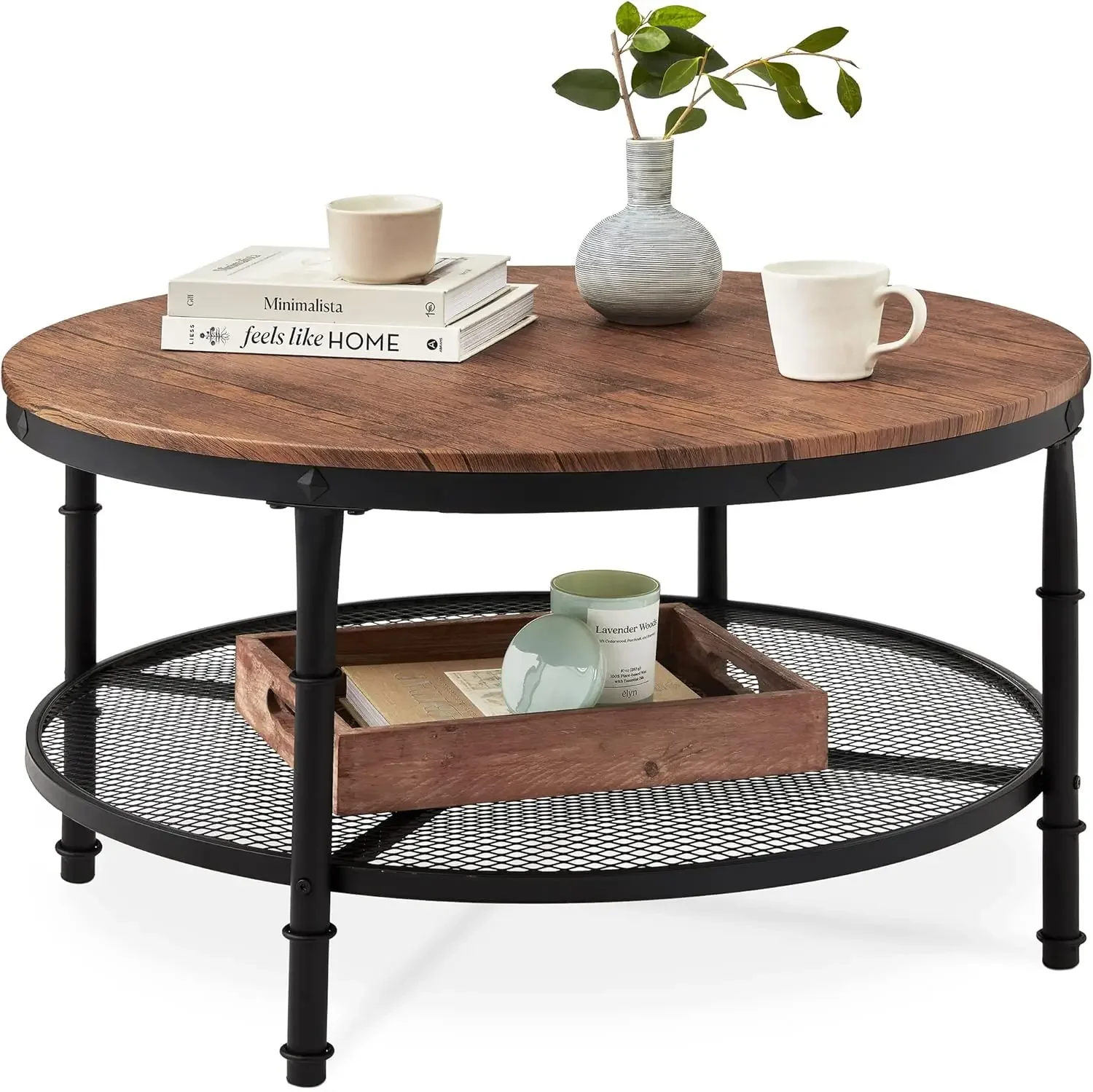 

35.5in Round Industrial Coffee Table, w/Wooden Tabletop, Reinforced Crossbars, Padded Feet, Open Shelf, Raised Bottom - Brown