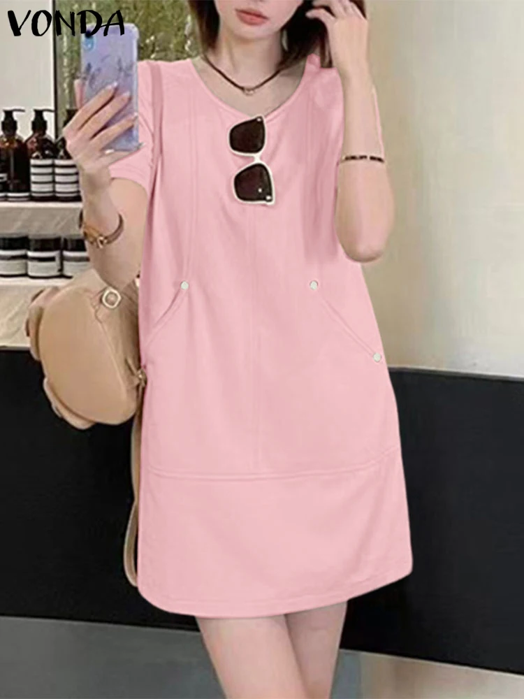 

VONDA Sexy Mini Dresses Women V-Neck Short Sleeve Pockets Office Sundress 2025 Summer Solid Color Pockets Korean Vestidos Robe