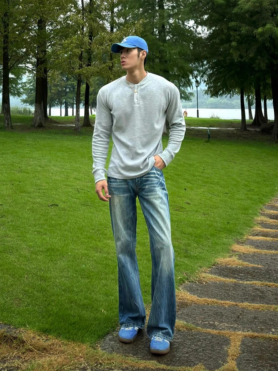 

Light Blue Lightning Pattern Men's Jeans High Waist Illusion Long Legs Spring Straight Tube Long Pants Street Sle Flared Jeans