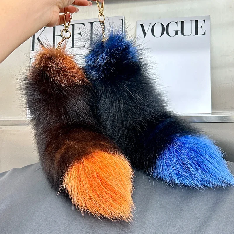 2024 Real Fox Fur Tail Large Long Natural Fur tail Keychain Pendant Cosplay tail Cute Wolf Fox Tail Fur Car Keychains For Women