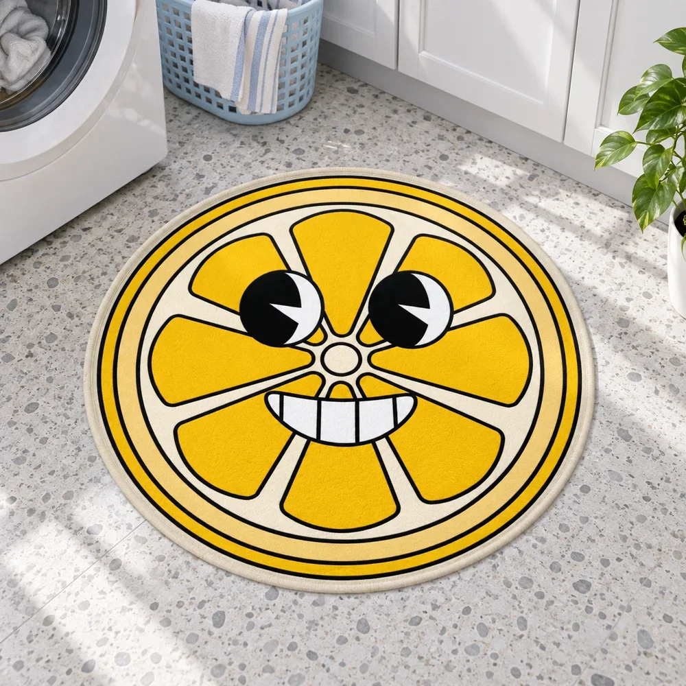 Smiling Lemon Wheel Shaped Floor Mat, Funny Fruit Irregular Area Rug for Kitchen, Bedroom, Living Room and Cheerful Home Decor