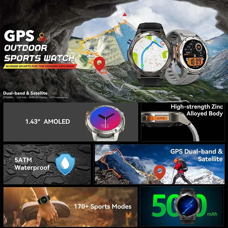 Nuevo reloj inteligente deportivo militar con GPS para exteriores, brújula integrada, altímetro barométrico Real, reloj inteligente deportivo resistente al agua hasta 5ATM para hombres