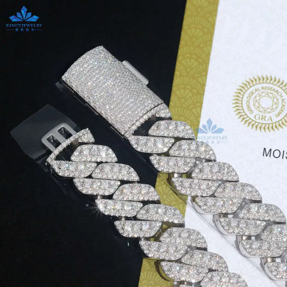 Pass Tester 18mm Width 3 Rows Miami Cuban Necklace 7-24 Inches d Vvs Melee Round Moissanite Diamond 925s Hip Hop Link Chain