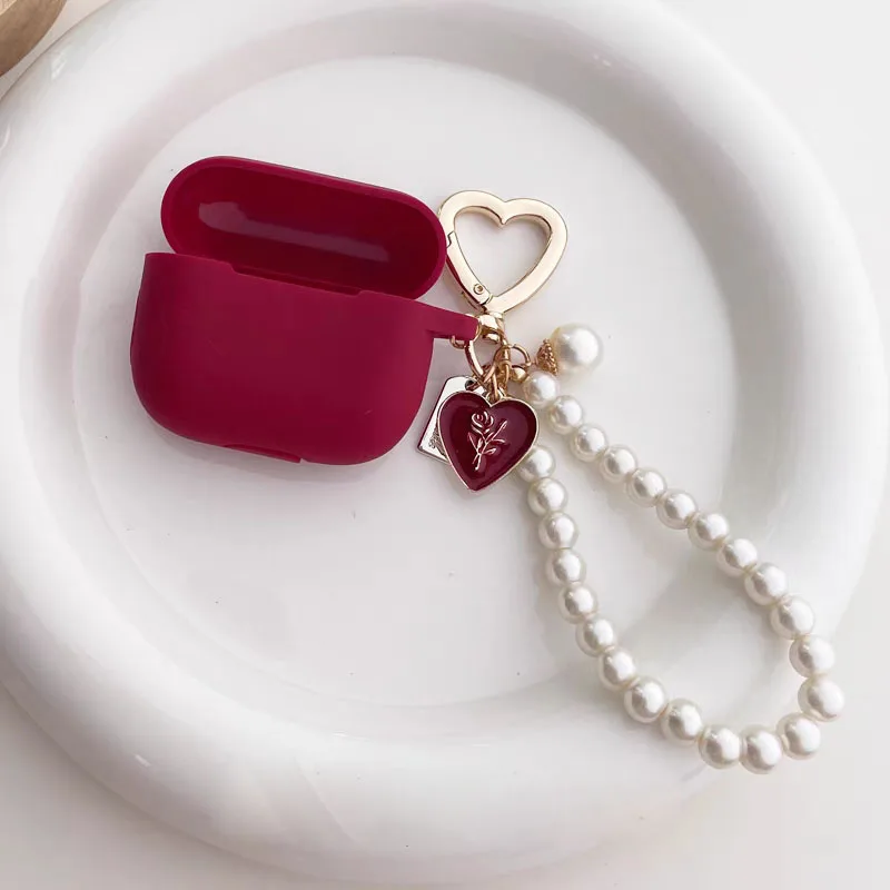 Wine Red Silicone Earphone Case for apple Airpods 1/2/3/4 Pro 2nd Bluetooth Headset Box With Sweet Vintage Rose Pearl Keychain