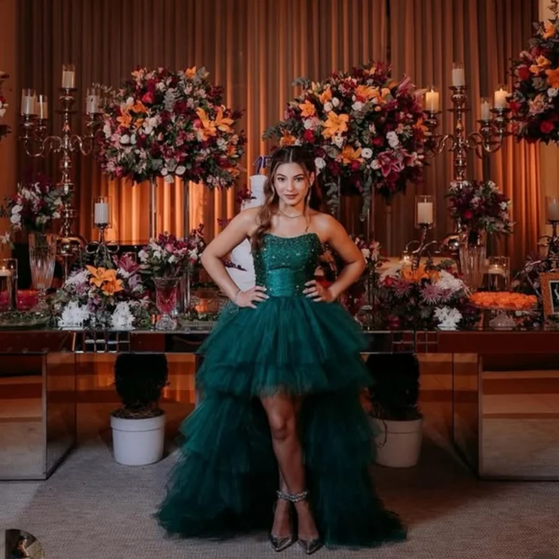 

Customized dark green Quinceanera Dresses Off the Shoulder crystal applique Lace layering Long tail Vestido 15 Quinceanera