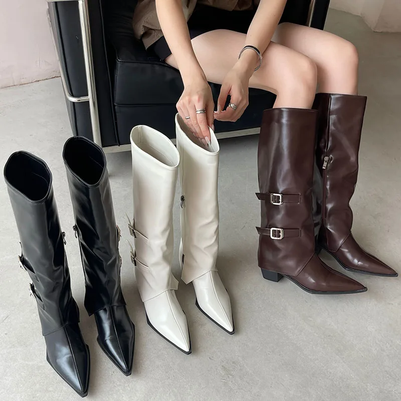 Fashion Pointed Toe Modern Women Knee High Boots Female Shoes Designer Buckle Footwear Ladies Long Boots With Square Heel Shoes