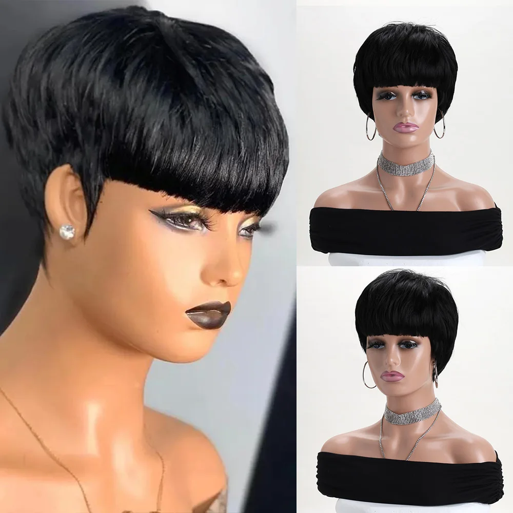 

10 Inch Short Natural Synthetic Wigs With Bangs Soft Hair Daily Use Black Christmas and Halloween Micro Curly Hair Costume Party
