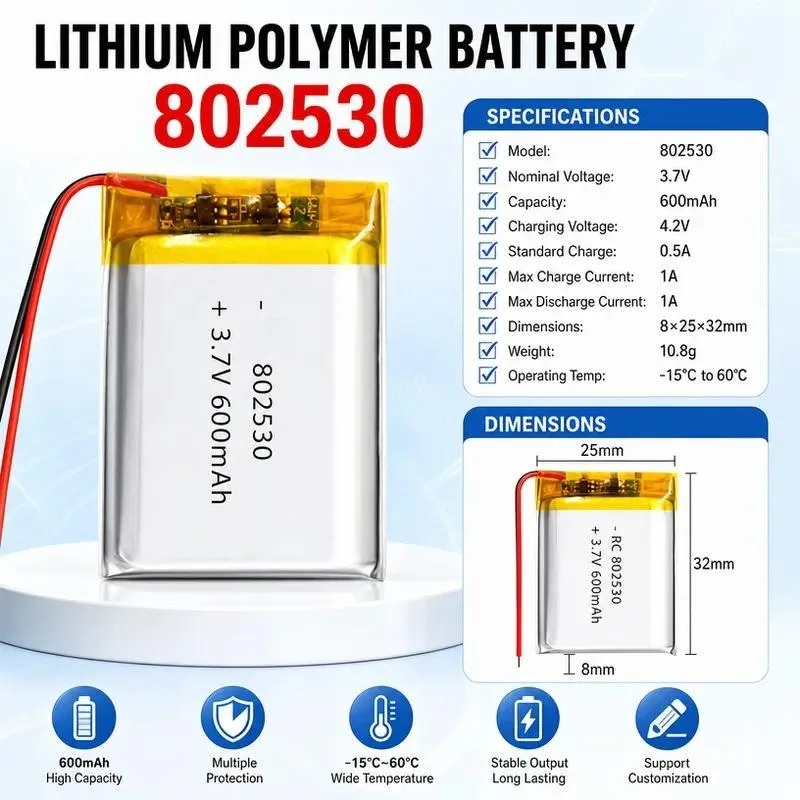 Manufacturer Wholesale Polymer Lithium Battery 802530 600mAh 3.7V Rechargeable Li-ion Battery Cell for Electronics