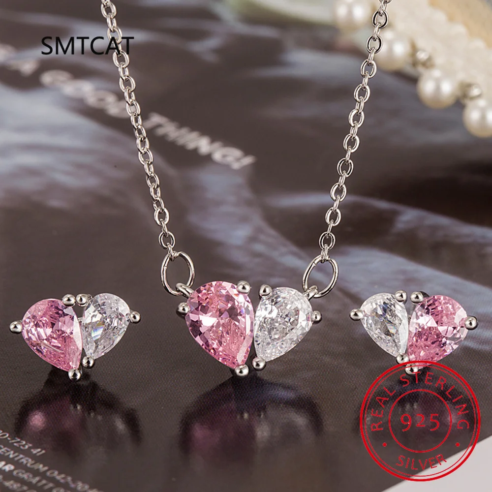 Pear Cut Created Pink Sapphire 925 Sterling Silver Heart Jewelry Sets  Necklace+Earring Gemstone Jewelry For Women Party Gift