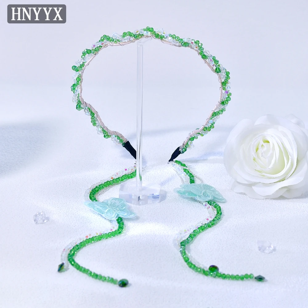 

HNYYX Forest Themed Princess Hair Hoop Green Crystal Tassel Headband with Butterfly Novel Headwear for Girls Boho Headdress A355