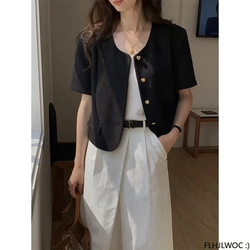 Veste courte chic coréenne pour femmes, tenue de bureau, nouveau design, japon, boutons solides, noir, rose