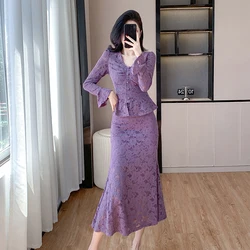 New Elegant Women V Neck Flare Sleeve Ruffles Hollow Out Lace Purple Tops Two Piece Set + Autumn Bodycon Midi Mermaid Skirt Suit