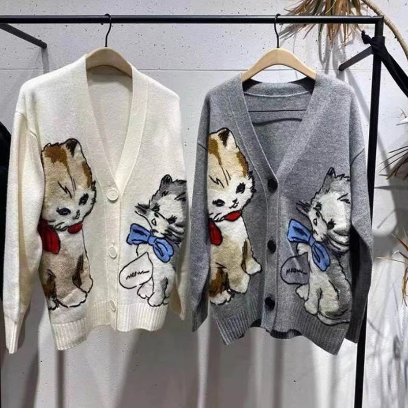 Women Knitted Cardigans Cartoon Cat Pattern Retro Korean Chic Long Sleeve V-neck Sweater Coat Fashion Outerwear Loose Female Top