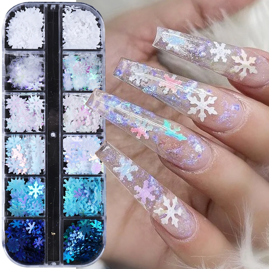 12 Grids Christmas Snowflake Nail Glitter Sequins Laser Mixed Snowflakes DIY Flash Winter Party Manicure Decoration Accessories