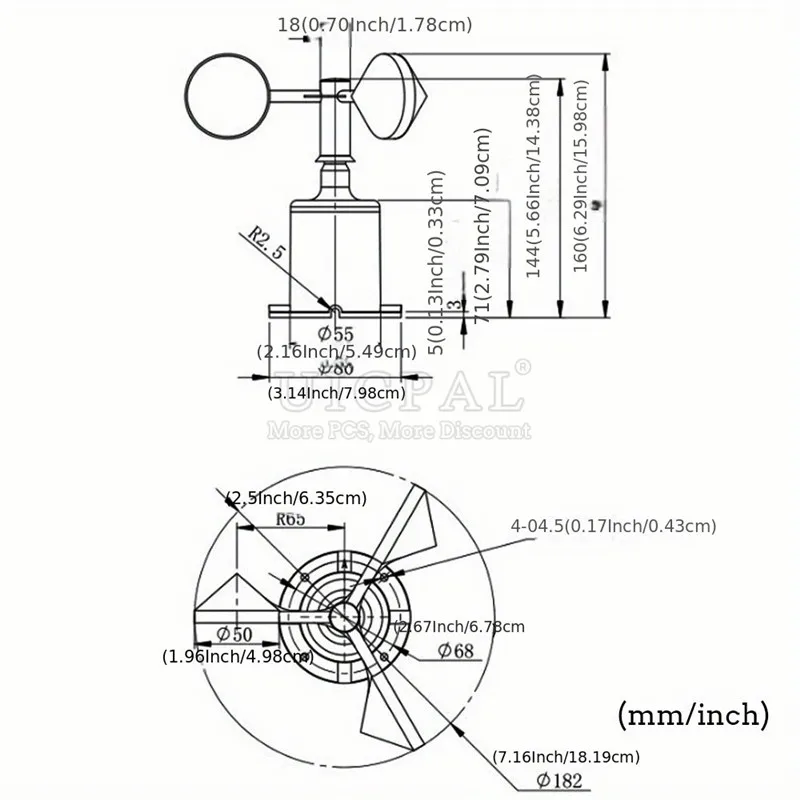 60m/s Weather Station Outdoor 3 Cup Anemometer Sensor Output RS485 4-20MA 0-5V Polycarbon Fiber Wind Speed Wind Direction Sensor