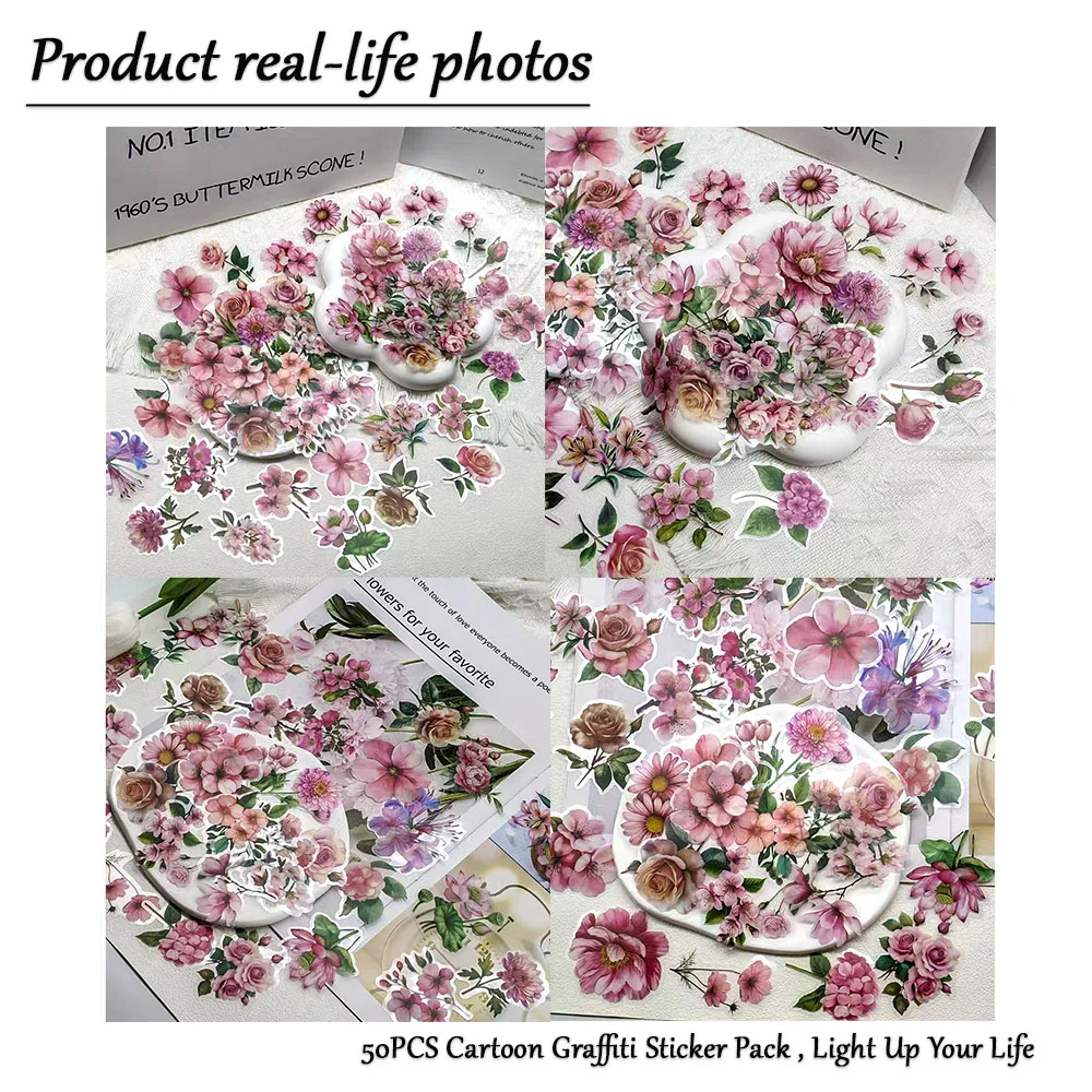 50PCS Transparente Rosa Blumen Aufkleber Cartoon Dekorieren Aufkleber Für Koffer Lagerung Box Laptop Notebooks Telefon Aufkleber