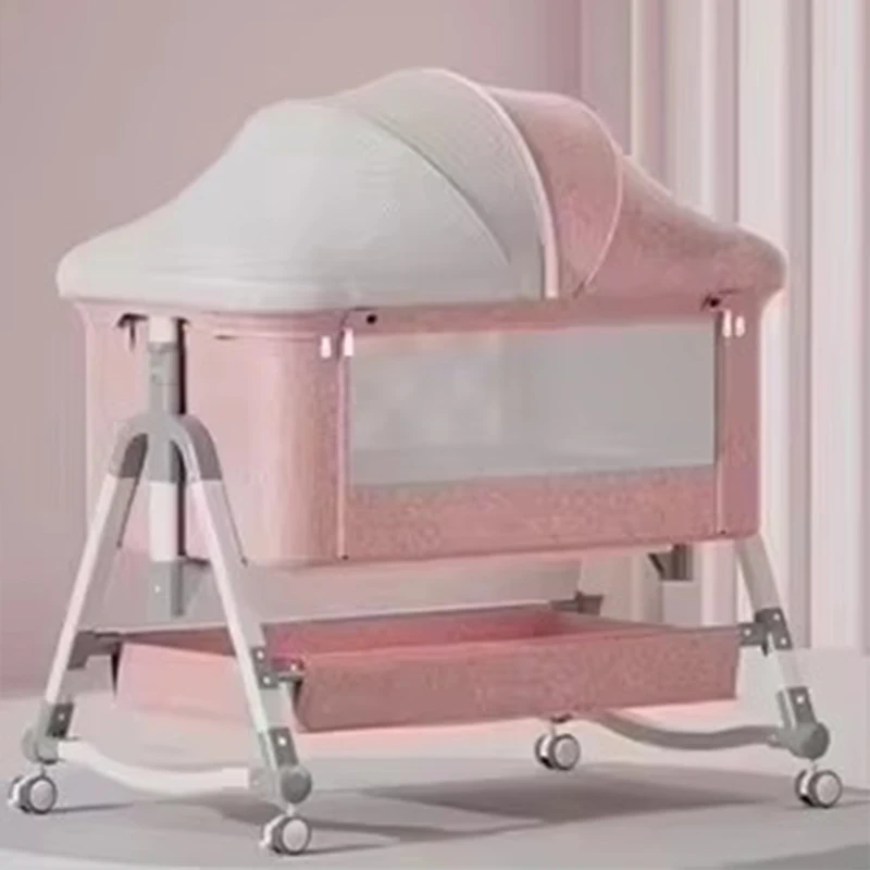 Foldable Portable Baby Crib Height-adjustable, Movable, Bedside Splice Design, Newborn Bassinet