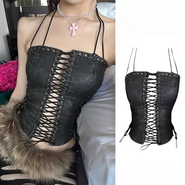 Retro American Design Heavy Work Sense Waist Cinching Fibone Patterned Strapl Crop Top Women's Vest Sle Faionable