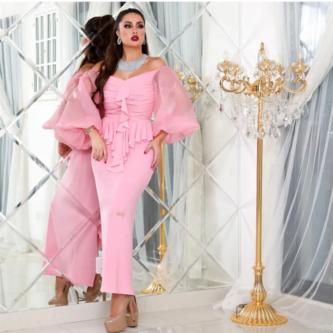 

Customized Short Pink Crepe Evening Dresses with Slit Mermaid V-Neck Organza فساتين السهرة Ankle Length Prom Dress for Women