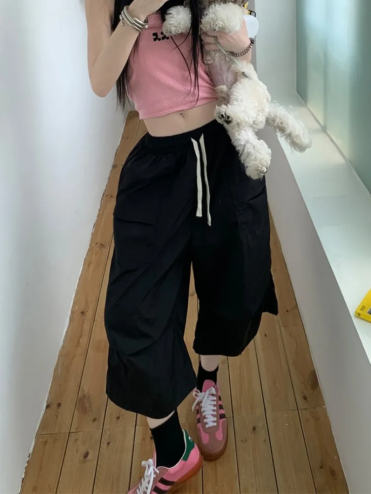 

ZHISILAO New Calf-length Pants Women Solid Loose Casual Cargo Trousers Summer 2024 Streetwear