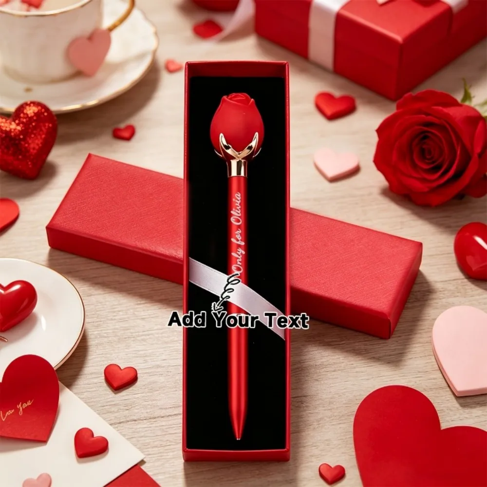 Customizable Creative Red Rose Valentine's Day Ballpoint Pen Set, Personalized Name/Date/Text Ballpoint Pen With Gift Box