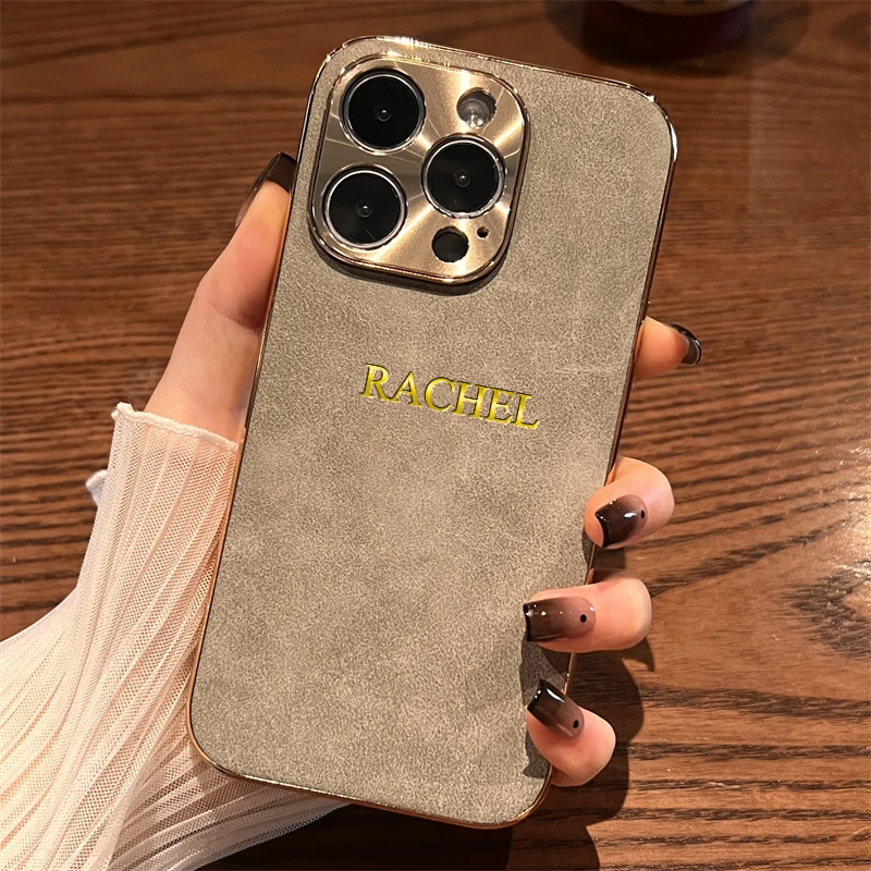 Personalised Customized Name Initials Case For iPhone 16 15 14 13 12 11 Pro Max Plating Leather Aluminum Metal Lens Cover 15 Pro