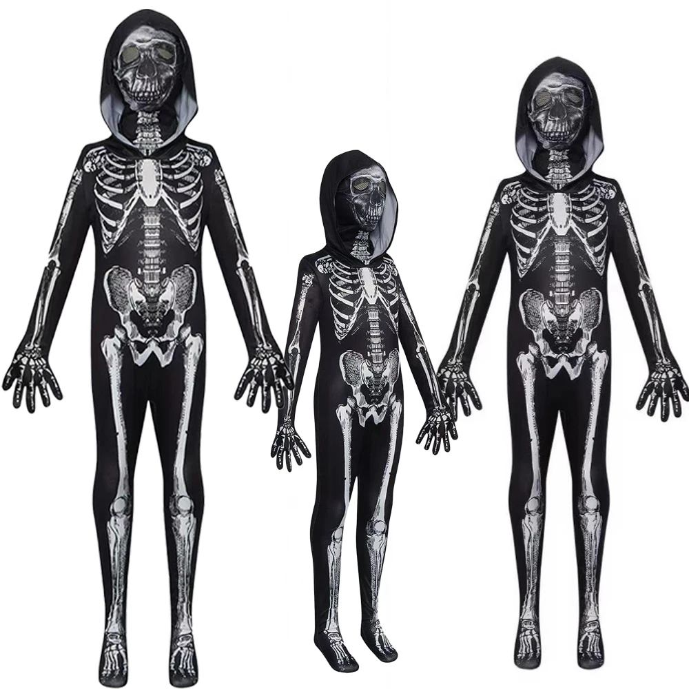 Costume da scheletro di Halloween Tuta da zombie Fantasma Abbigliamento Tuta Maschera Bambini Spaventoso Vestito operato Festa a tema Carnevale Vestito cosplay