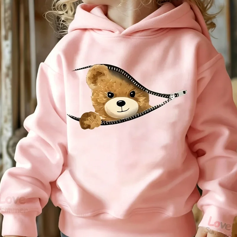 Girls' Fashion Cartoon Bear Print hoodie Long Sleeve Sweatshirt Fall And Winter Clothes Autumn Essentials pullover