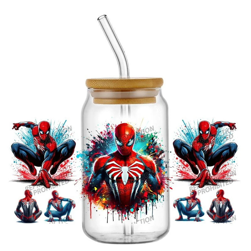 Cartoon Spider Hero UV DTF Cup Wrap Stickers Easy Apply Waterproof Durable Print For 16oz Glass Jar Tumbler DIY Craft Decal