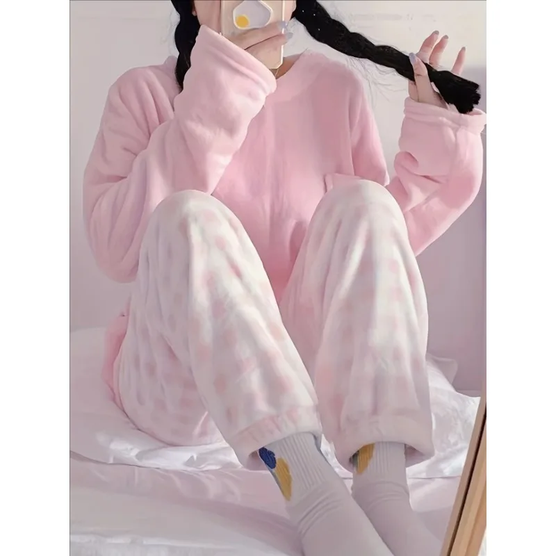 Thickened Warm Sleepwear for Winter Simple O-Neck Loose Flannel Plaid Pants Loungewear Soft 2 Piece Set Pajamas Homewear