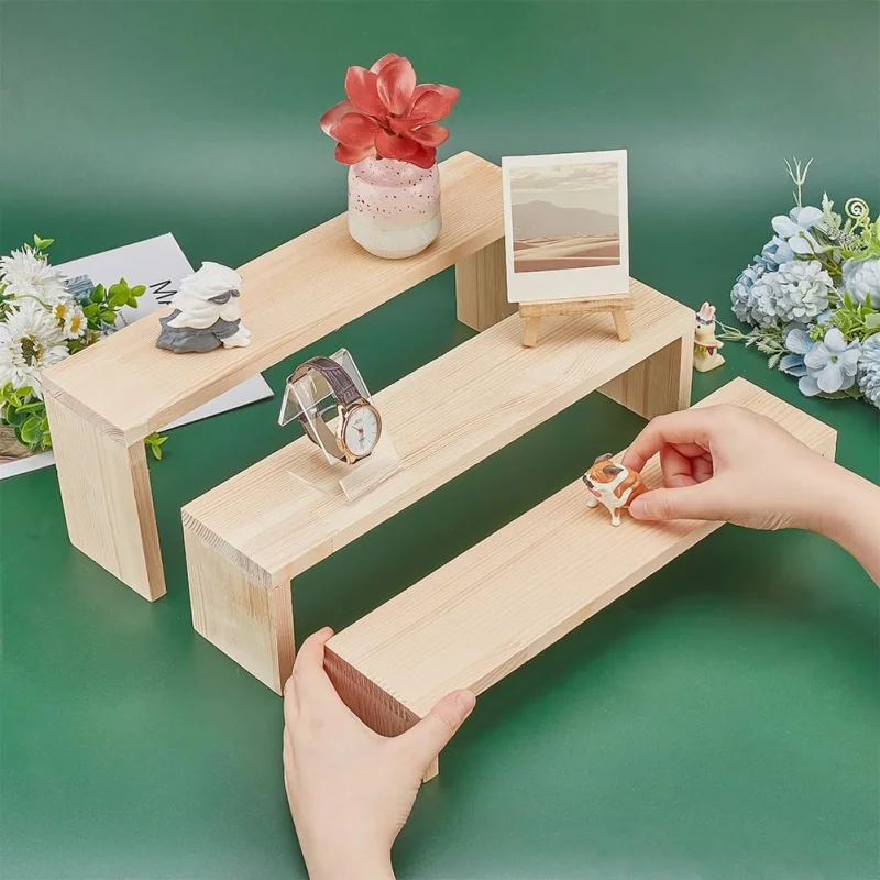 Wooden Display Riser Stand Tiered Countertop Counter Shelf Display Shelf for Perfume, Makeup, Figure, Dolls Collection, Condimen