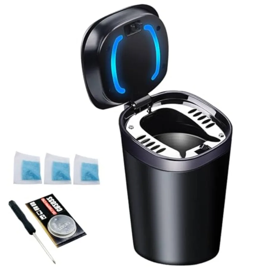 

with Lid Smell Proof, Smokeless Ashtray, Mini Car Trash Can, Detachable Stainless Steel Ash Tray with Lid and LED Blue Light