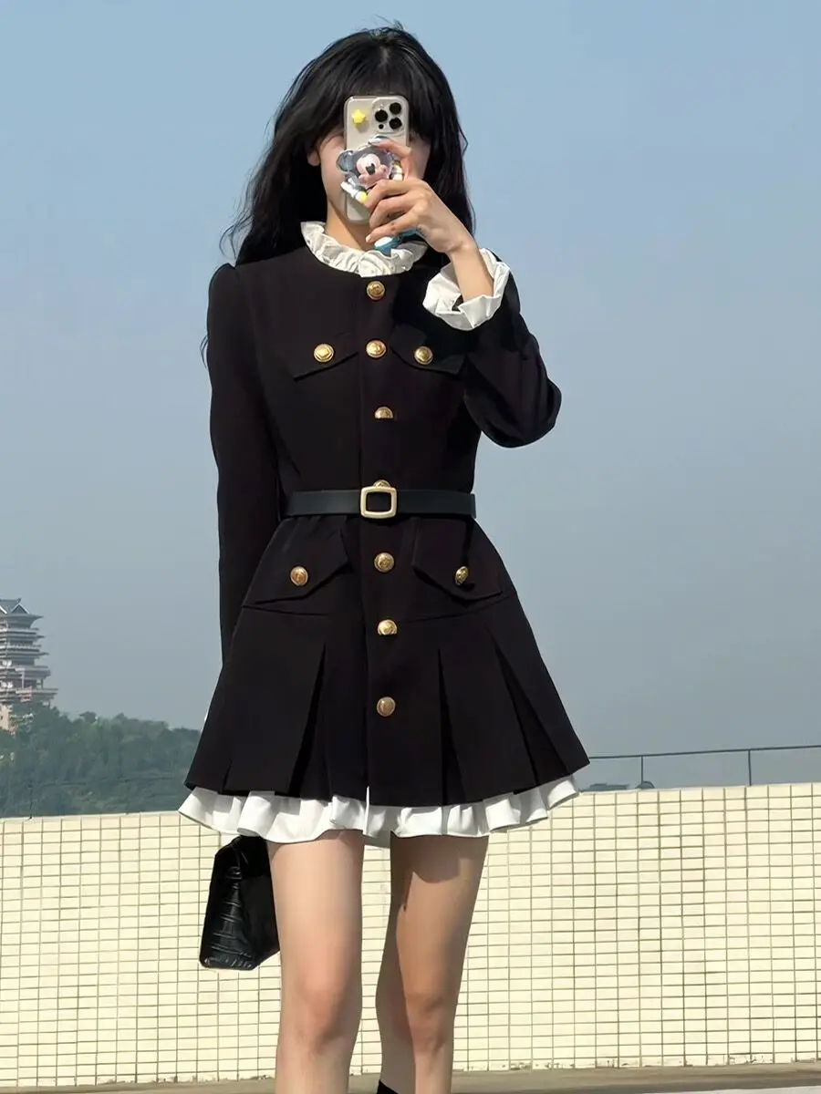 

Girl Dress Lace Splicing Streetwear Winter Overcoat New Korean Fashion Slim Jk Uniforms Celebrity Gold Button Japanese Sexy Red