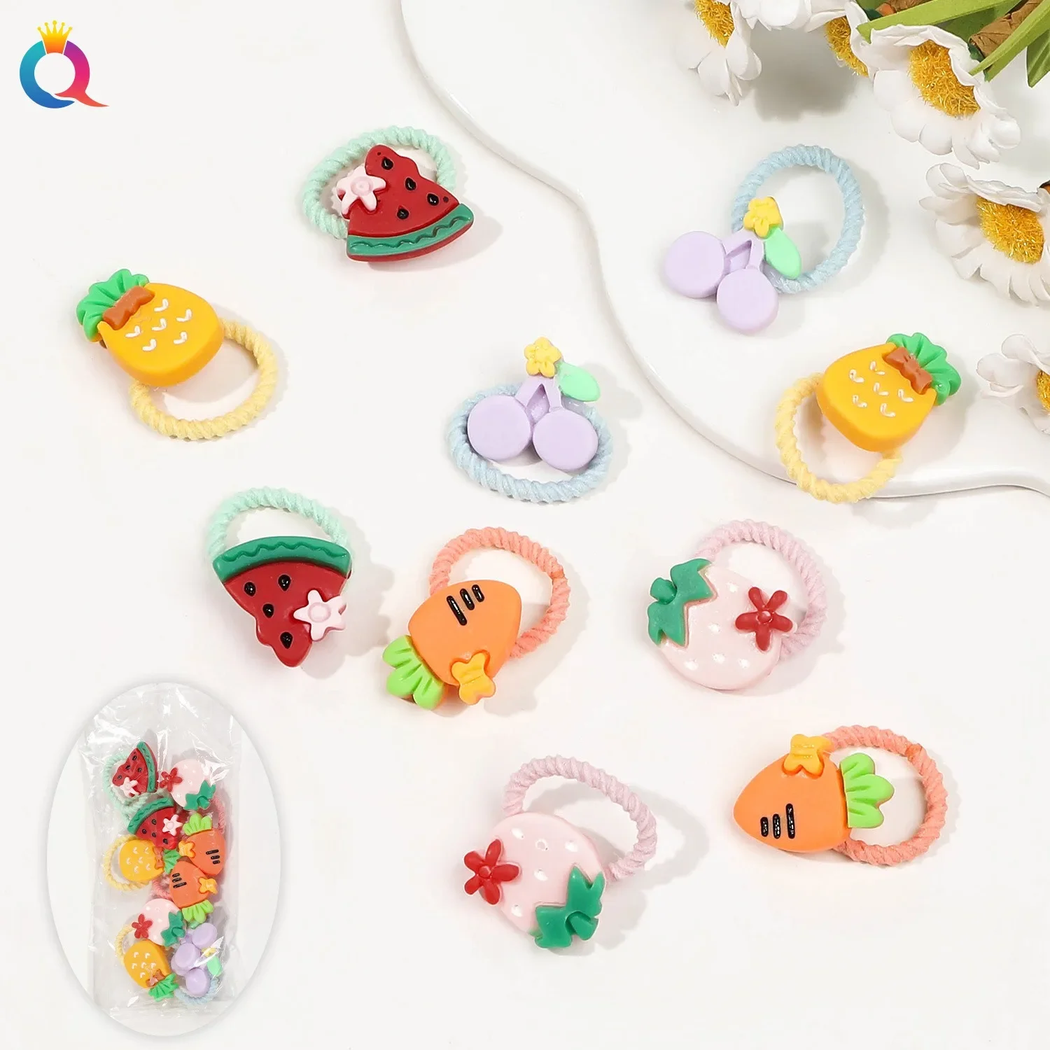 AdTosFruit Design Elastic Bands for Girls, Small Children Hair Rope, Pink, Purple, Flower Scrunchies, Ponytail Rings, 10Pcs