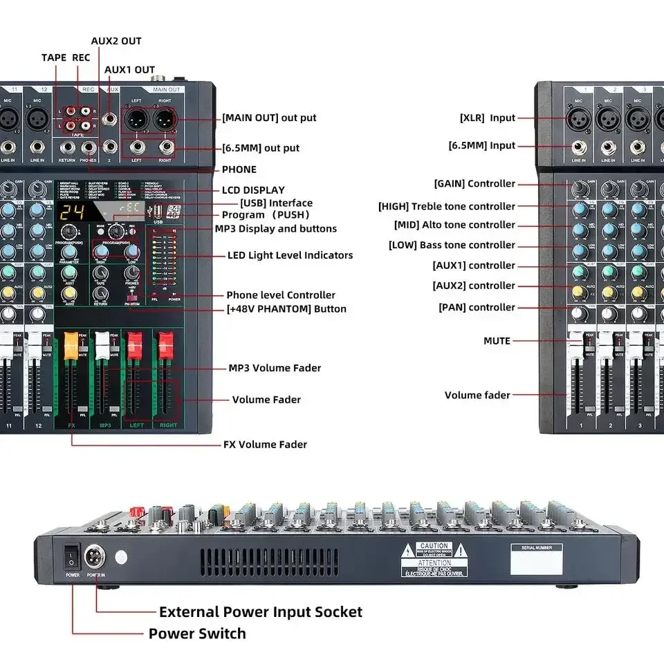 Biner FG12 New Design Built-in 24 Reverb Effect 12 Channel Music professional Audio Mixer