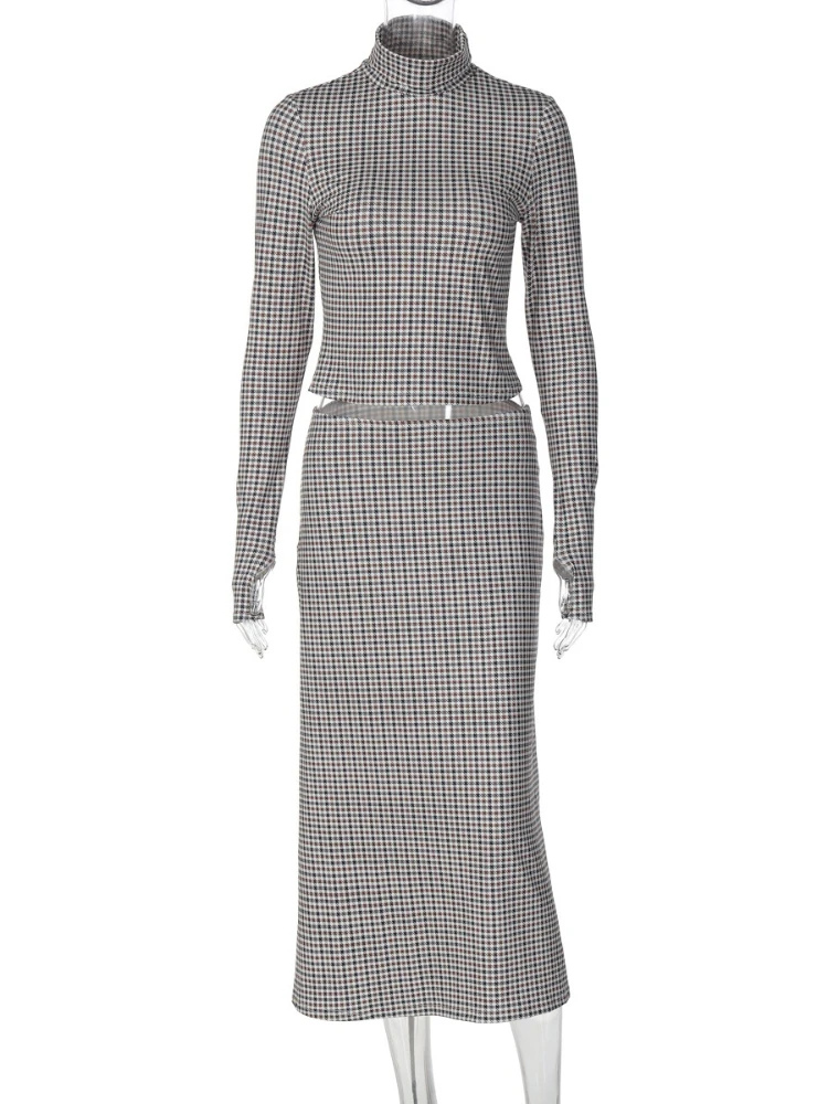 FDYOUI جديد 2025 الخريف منقوشة منتصف العجل فستان الحفلات قطعتين مجموعة الشارع الشهير المرأة خمر كم طويل اقتصاص تي شيرت + تنورة دعوى #5