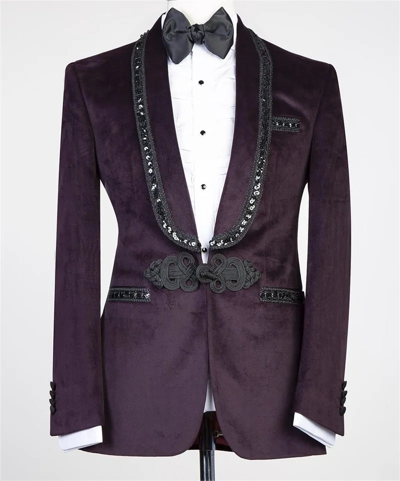 Set di abiti da uomo 2 pezzi per matrimonio formale in velluto viola smoking da sposo Blazer + pantaloni abito da ballo con paillettes lucide su misura cappotto maschile