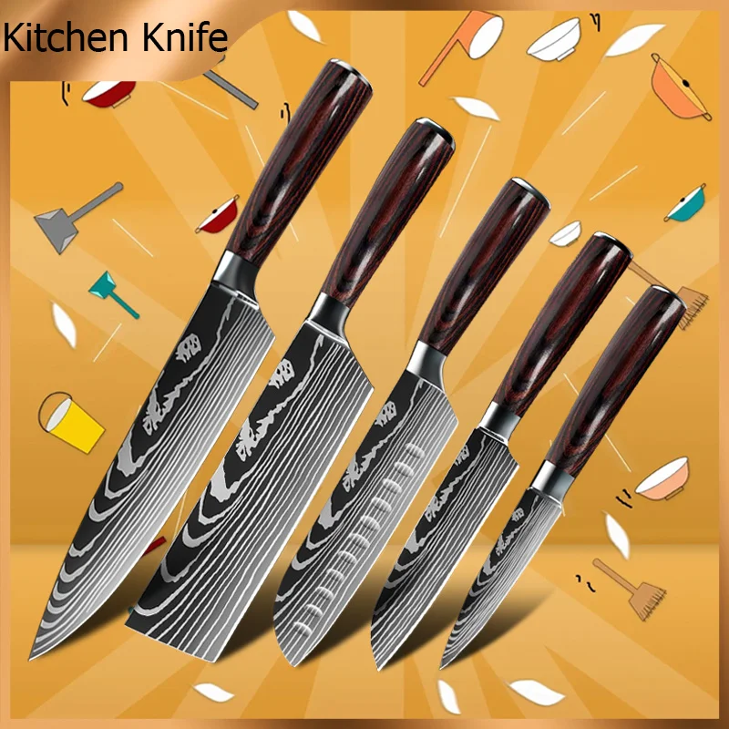 

Kitchen Knives 1-10Pcs Set Professional Chef Knife Japanese 7CR17 440C High Carbon Stainless Steel Laser Damascus Pattern Knife