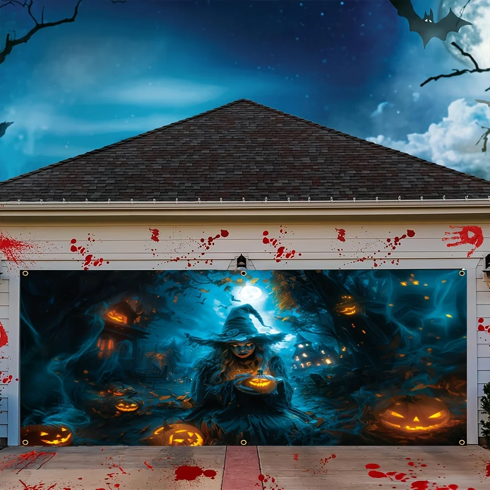 لافتة جراج الهالوين - بوليستر، تصميم فانوس اليقطين لقلعة الساحرة المخيفة، ديكور حفلات الهالوين الليلية
