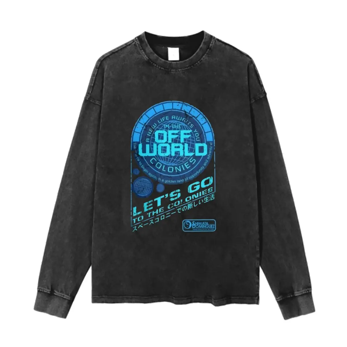 Off World Colonies Blade Runner Design Washed Vintage Long Sleeves Cotton Tee Shirt Solid O Collared For Men's And Women's