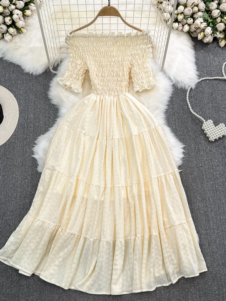 여름 부드러운 바람 요정풍 A라인 드레스 어깨 노출 허리 슬림 롱 스커트 해변 휴가 하이웨이스트 반팔 단색