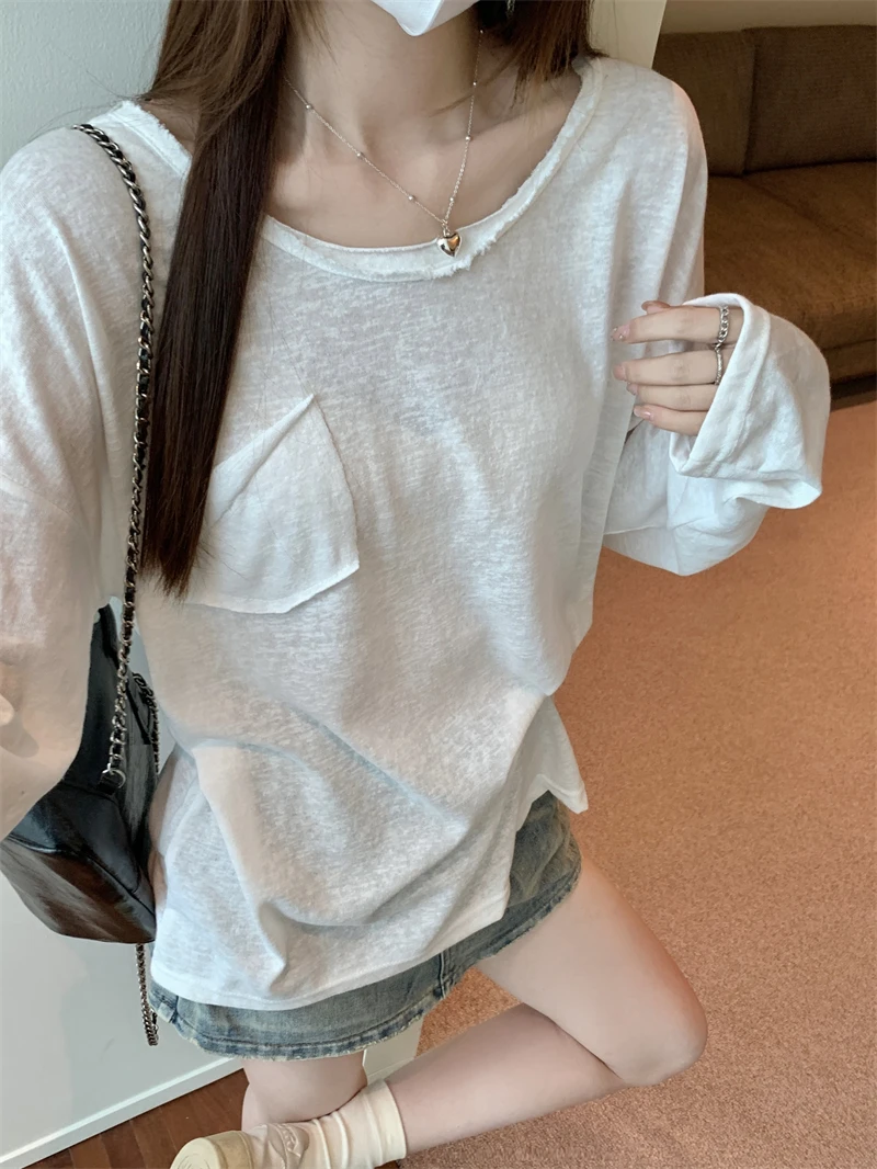 Top de algodão de bambu feminino com decote em u solto ajuste fino manga longa protetor solar camiseta outono novo