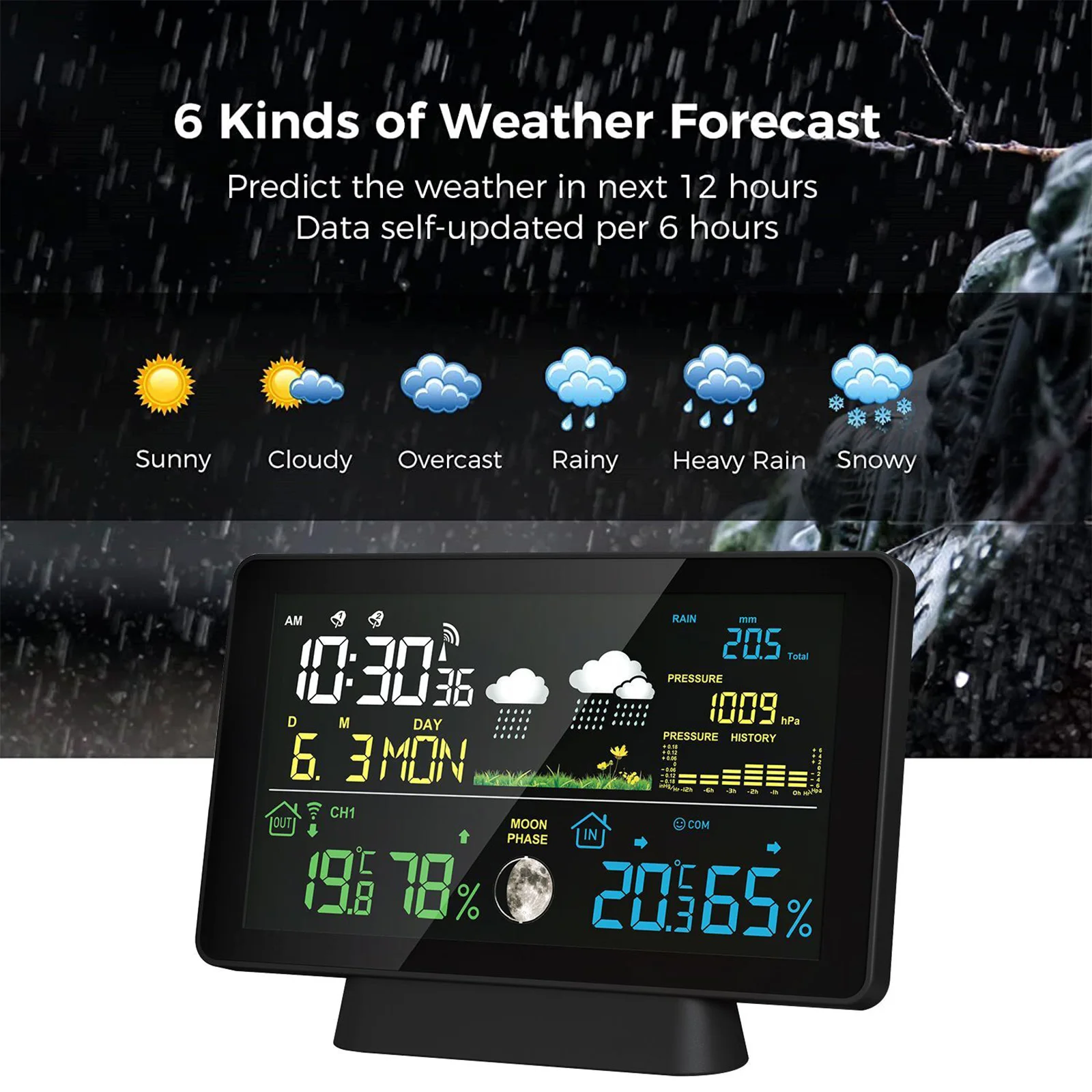 Indoor/Outdoor Wireless Weather Station Thermometer Time Date Radio Signal Air Pressure Moon Phase Rain Gauge Weather Forecast