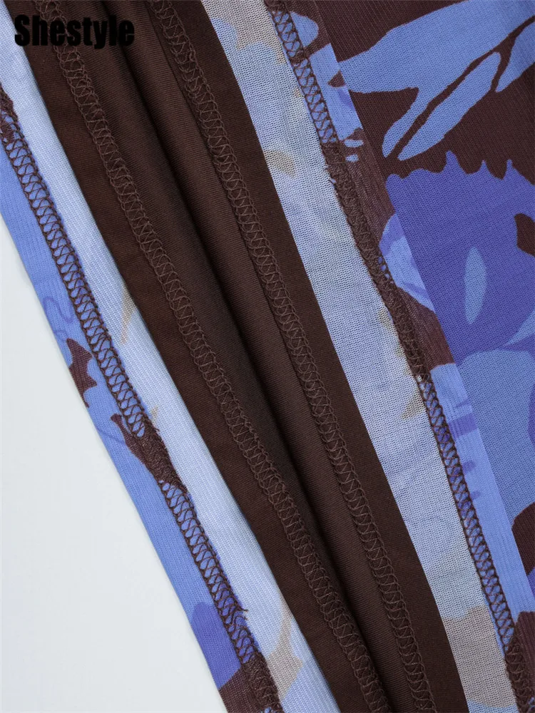 Shestyle فستان طويل بدون ظهر للنساء طبقة مزدوجة Bodycon السباغيتي حزام الأزرق زهرة يتأرجح طوق أنيق الشكل يمسك