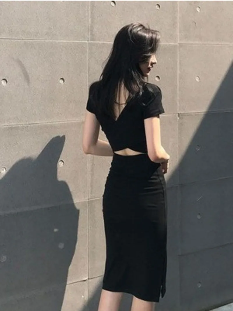 2024 Spring/Summer New Korean Edition Instagram Wrap Hip Skirt Sexy Mid length Split Short Sleeve Open Back Bottom Dress 39D0