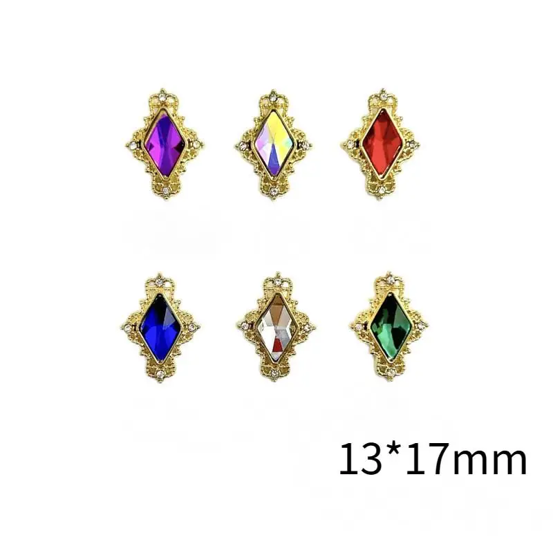 10Pcs Light Luxury Metal Alloy Lozenge Nail Charms Colorful Glass Diamond Inlaid Geometric Nail Art Decorations for DIY Nails