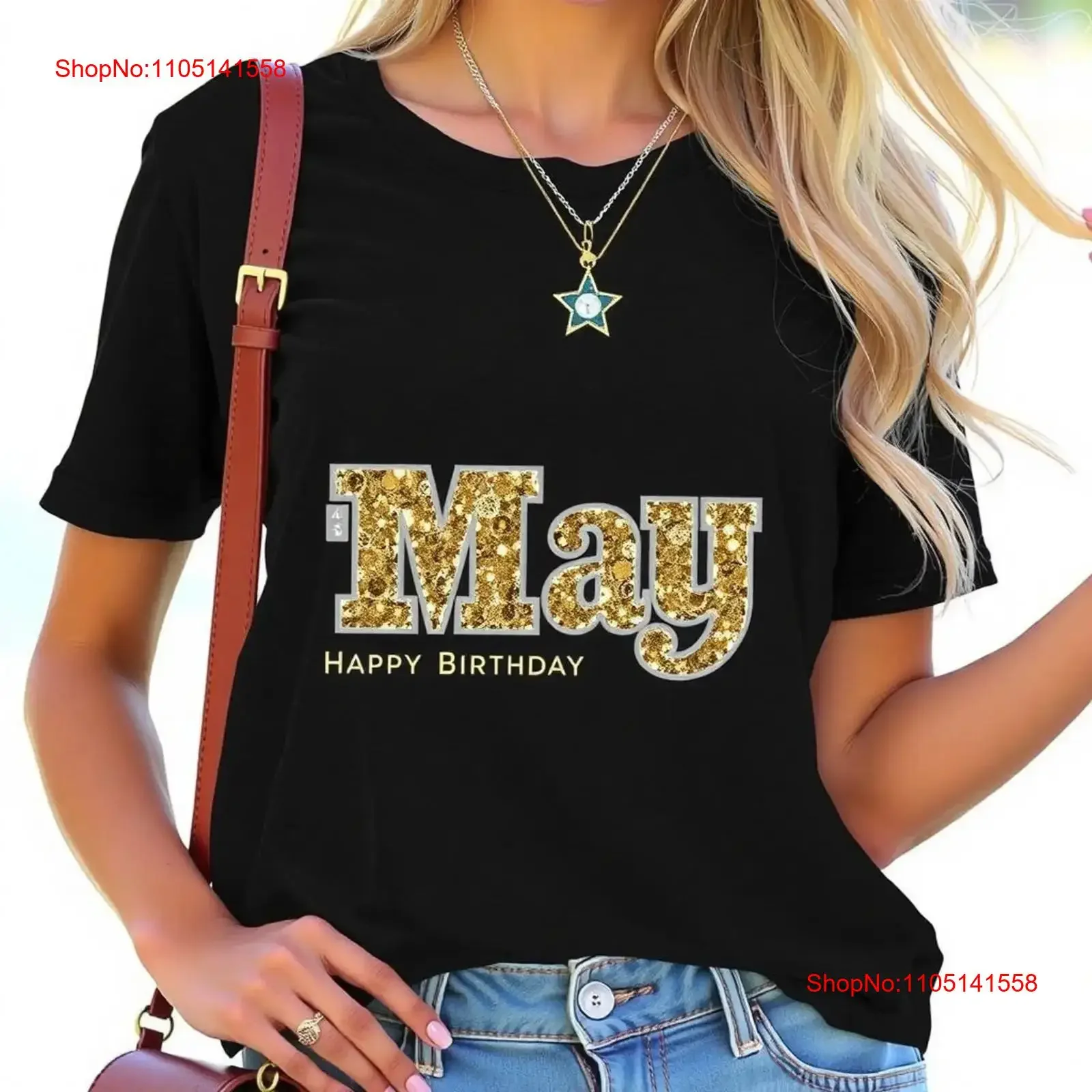 Celebrate in Style Glitter 'May' Happy Birthday T Shirt for Women All cotton vintage Washed Casual fashion Stretched Soft