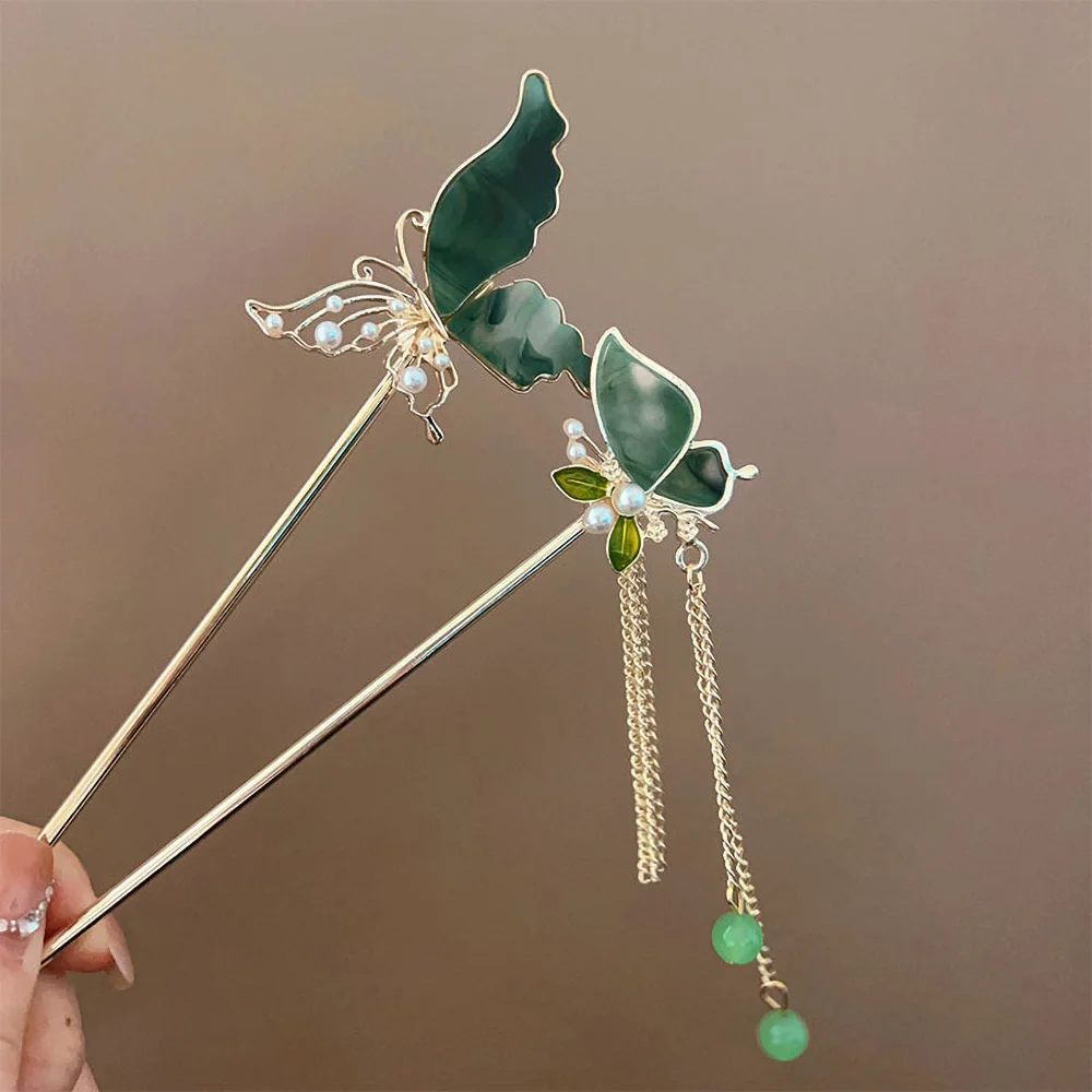 Beads Tassel Hair Stick Accesssory For Women Girls Chinese Hanfu Chopstick Hair Jewelry Cute Hollow Butterfly Shape Pearl Inlaid